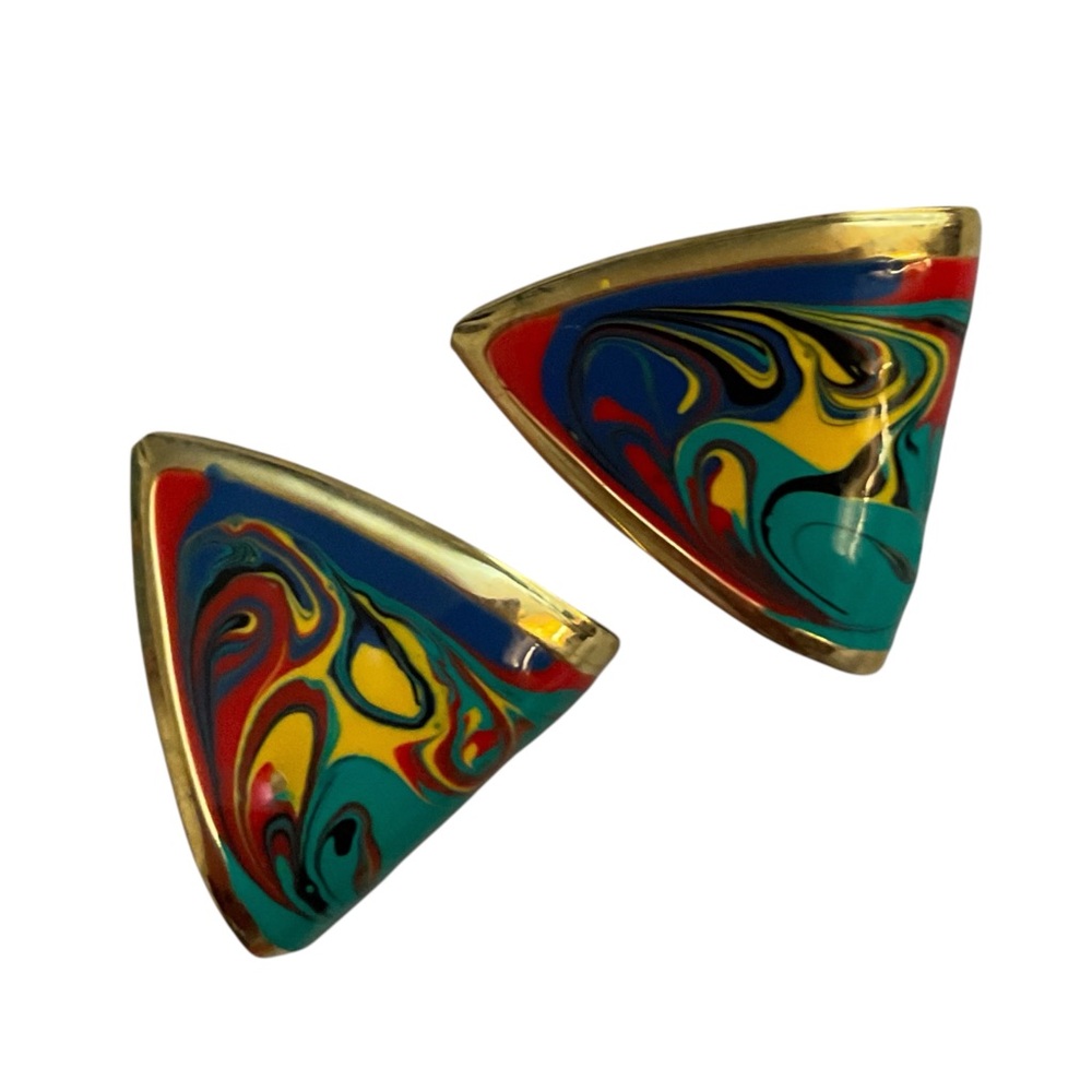 1980’s Retro Colorful Enamel Abstract Swirl Triangle Earrings